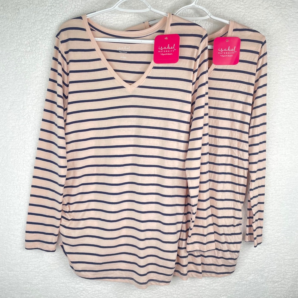 Isabel Maternity Pink 2-PACK Navy Striped Long Sleeve Ruched Top Large NWT